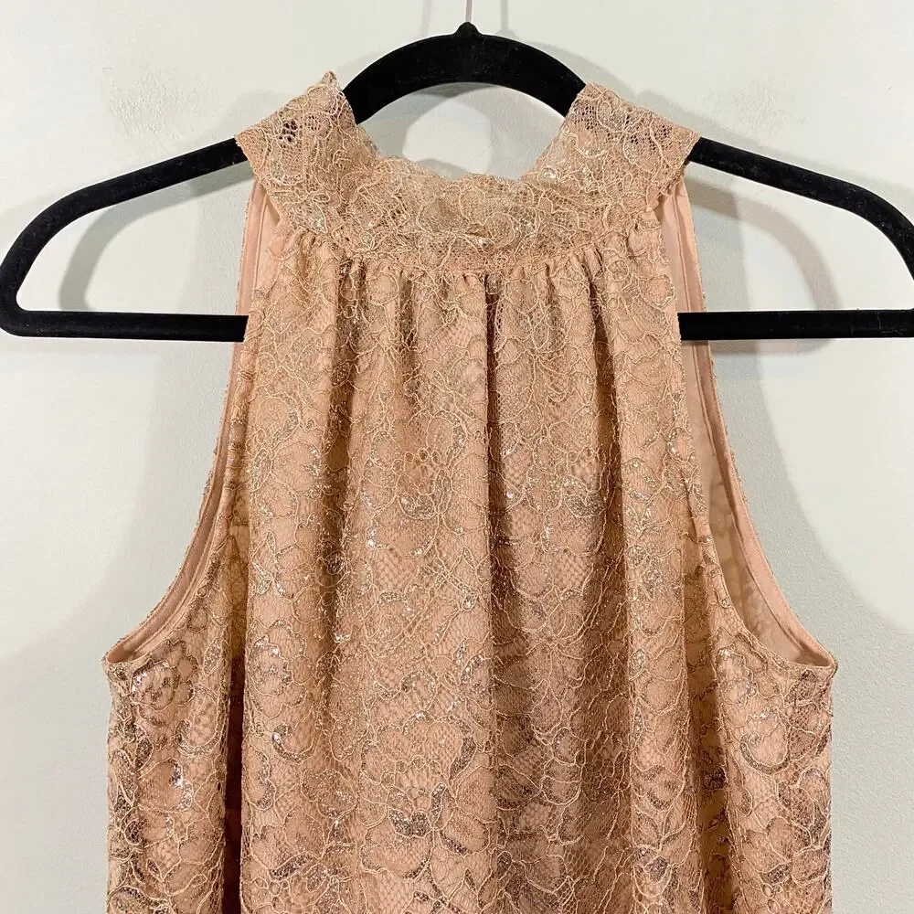 J Crew Women's Beige Metallic Lace Tie Neck Sleeveless Blouse Size S #AG852
